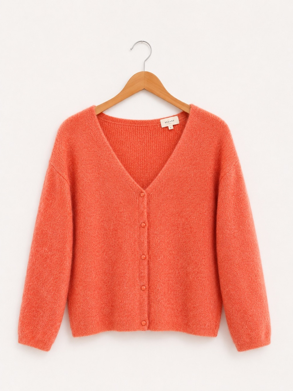 Sézane Barry V-Neck Button Mohair & Baby Alpaca Cardigan  Orange Coral XL